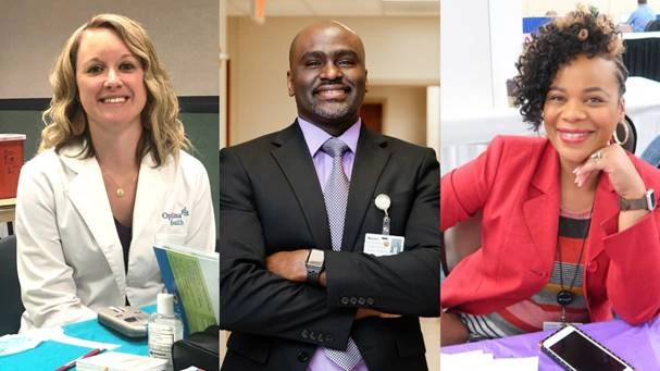 A collage of three smiling professionals: a female healthcare worker, a man in a suit, and a woman in red.