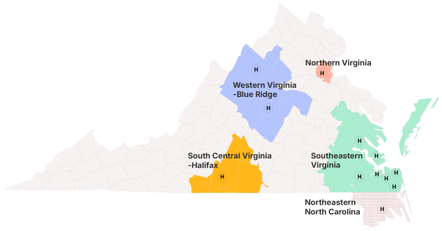 Map showing Sentara points of care and Sentara Health Plans service regions in Virginia and North Carolina.